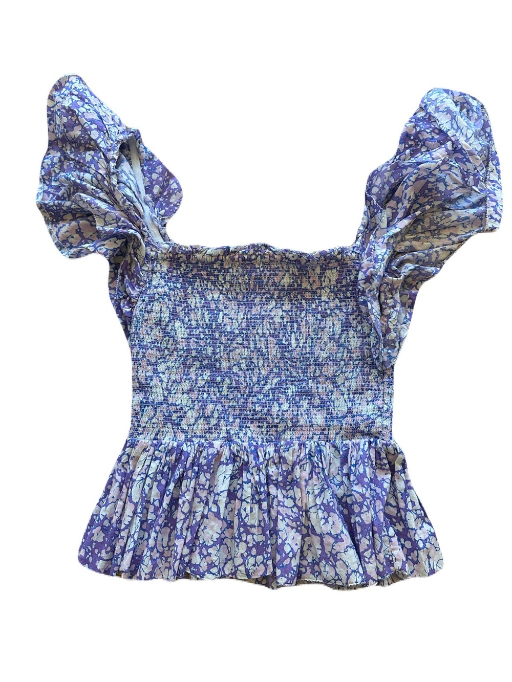 Smocked Lavender Floral Flutter-Sleeve Blouse